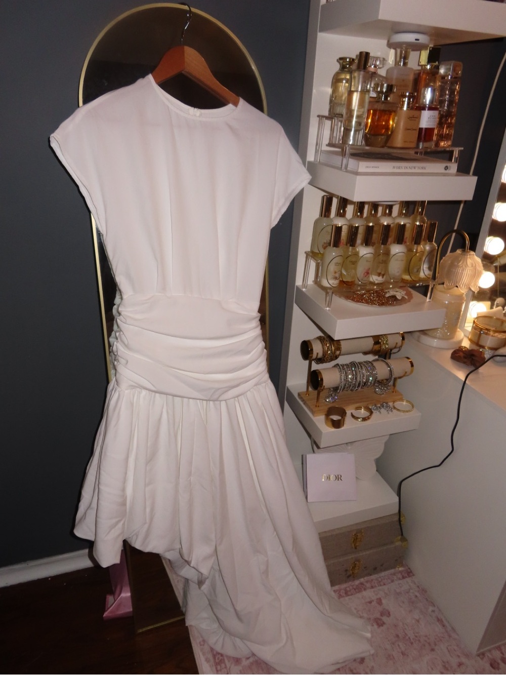 White Asymmetrical Cinched Waist High-Low Dress | Ruching Detail | S